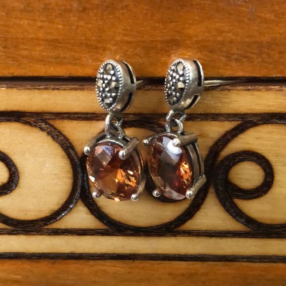 Stunning Faceted Golden Citrine Marcasite Sterling Silver Drop Earrings - Picture 4 of 11